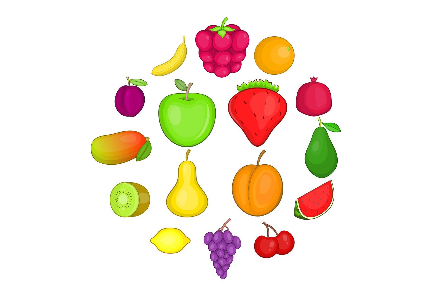 Fruit icons set, cartoon style cover image.