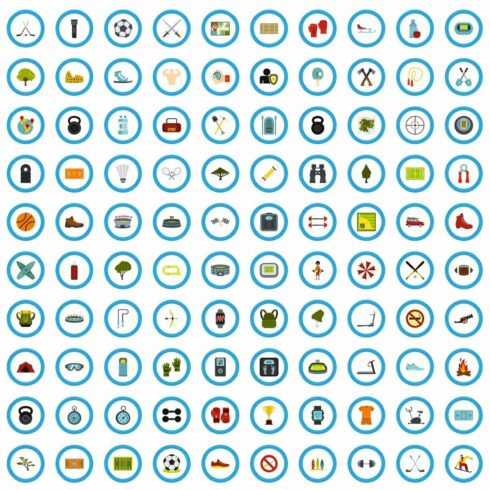 100 playground icons set, flat style cover image.