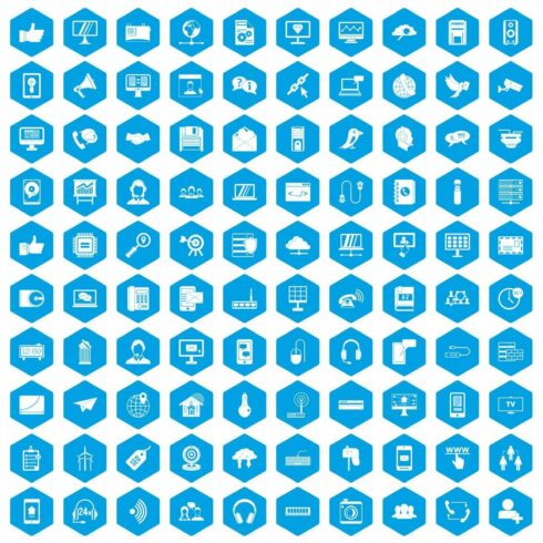 100 communication icons set blue cover image.