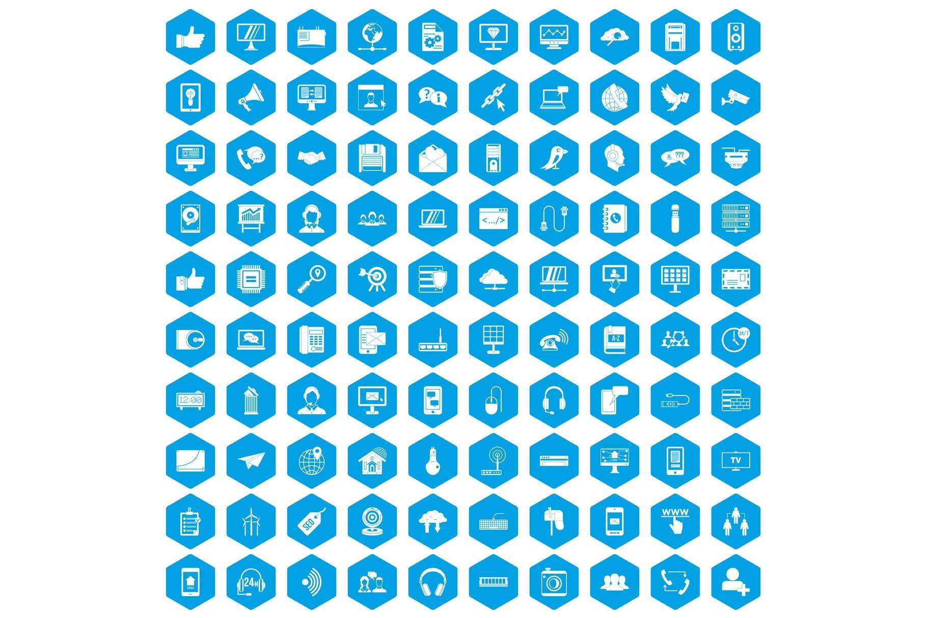 100 communication icons set blue cover image.