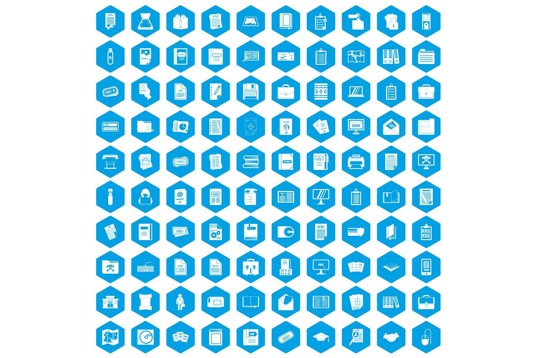 100 document icons set blue cover image.