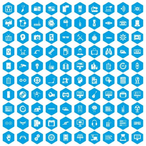 100 settings icons set blue cover image.