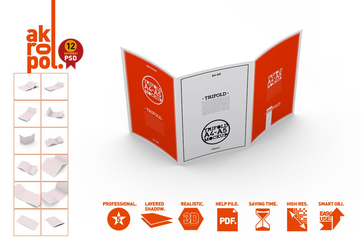 A4 / A5 Tri-Fold Brochure Mock-Up preview image.