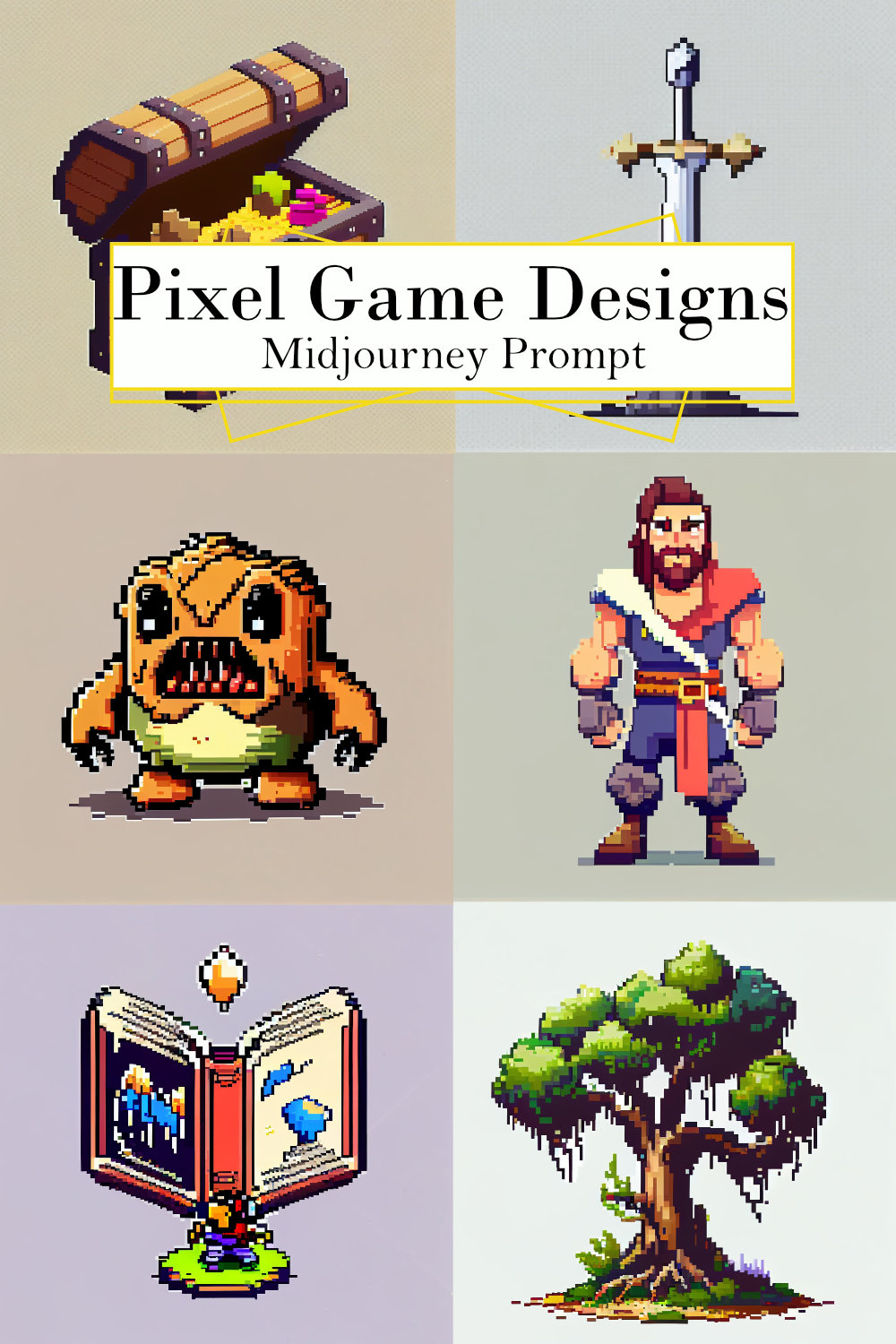 Pixel Video Game Designs Midjourney Prompt pinterest preview image.