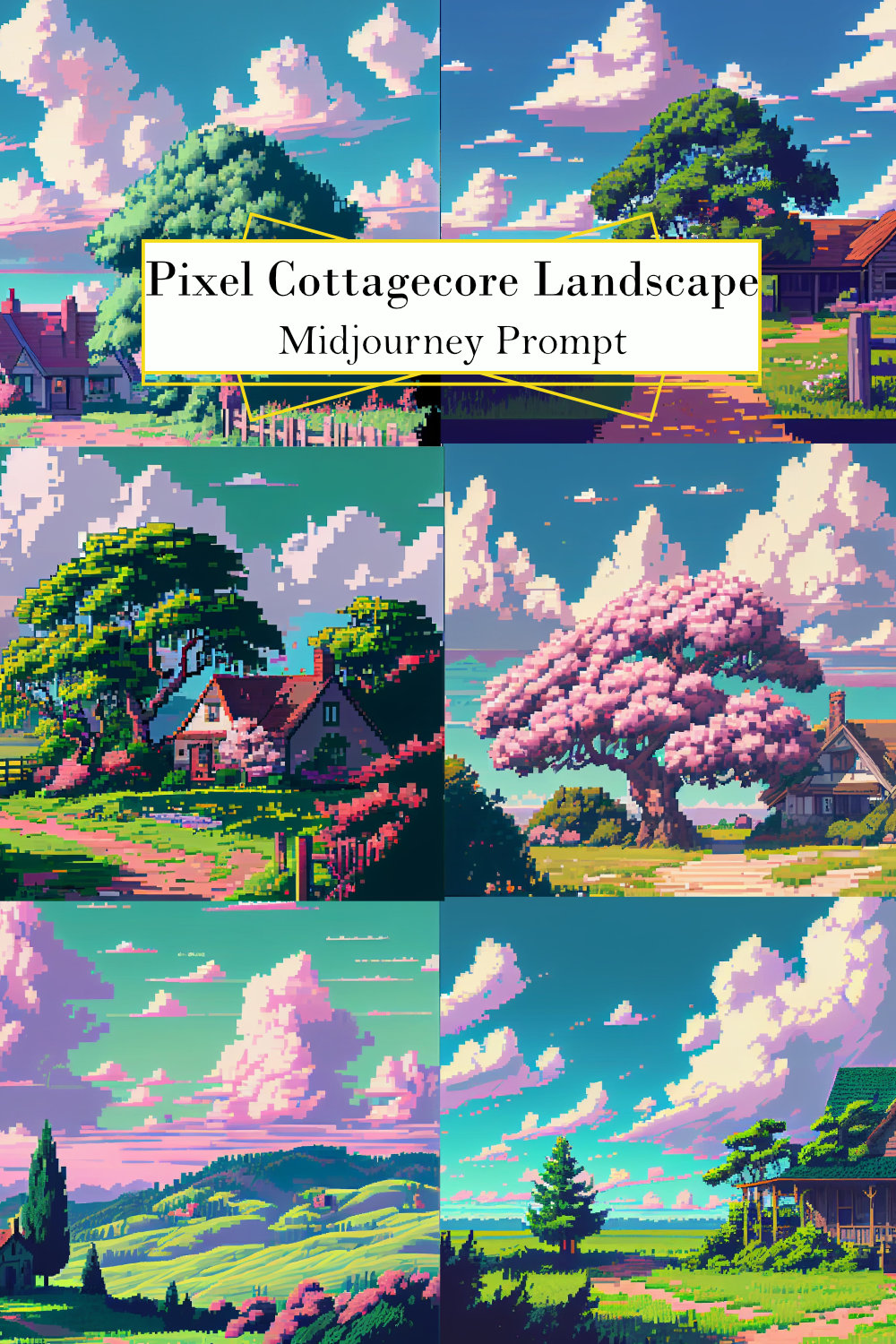 PIxel Cottagecore Landscape Midjourney Prompt pinterest preview image.