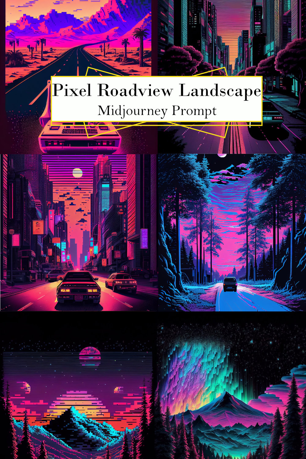 Pixel Road View Landscape Midjourney Prompt pinterest preview image.