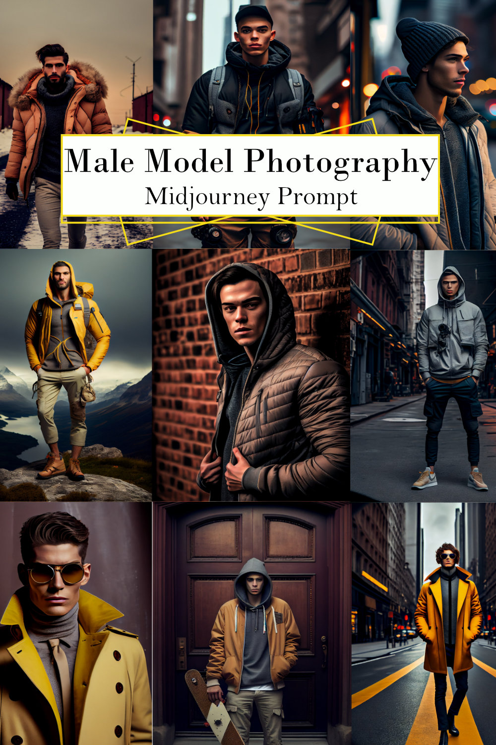 Male Model Photography Midjourney Prompt pinterest preview image.
