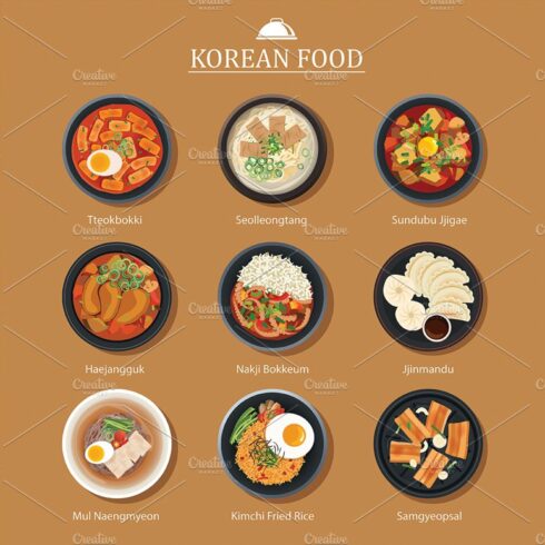 Set of korean food flat design cover image.