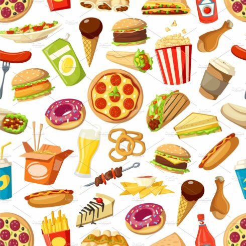 Seamless pattern of fast food meals cover image.