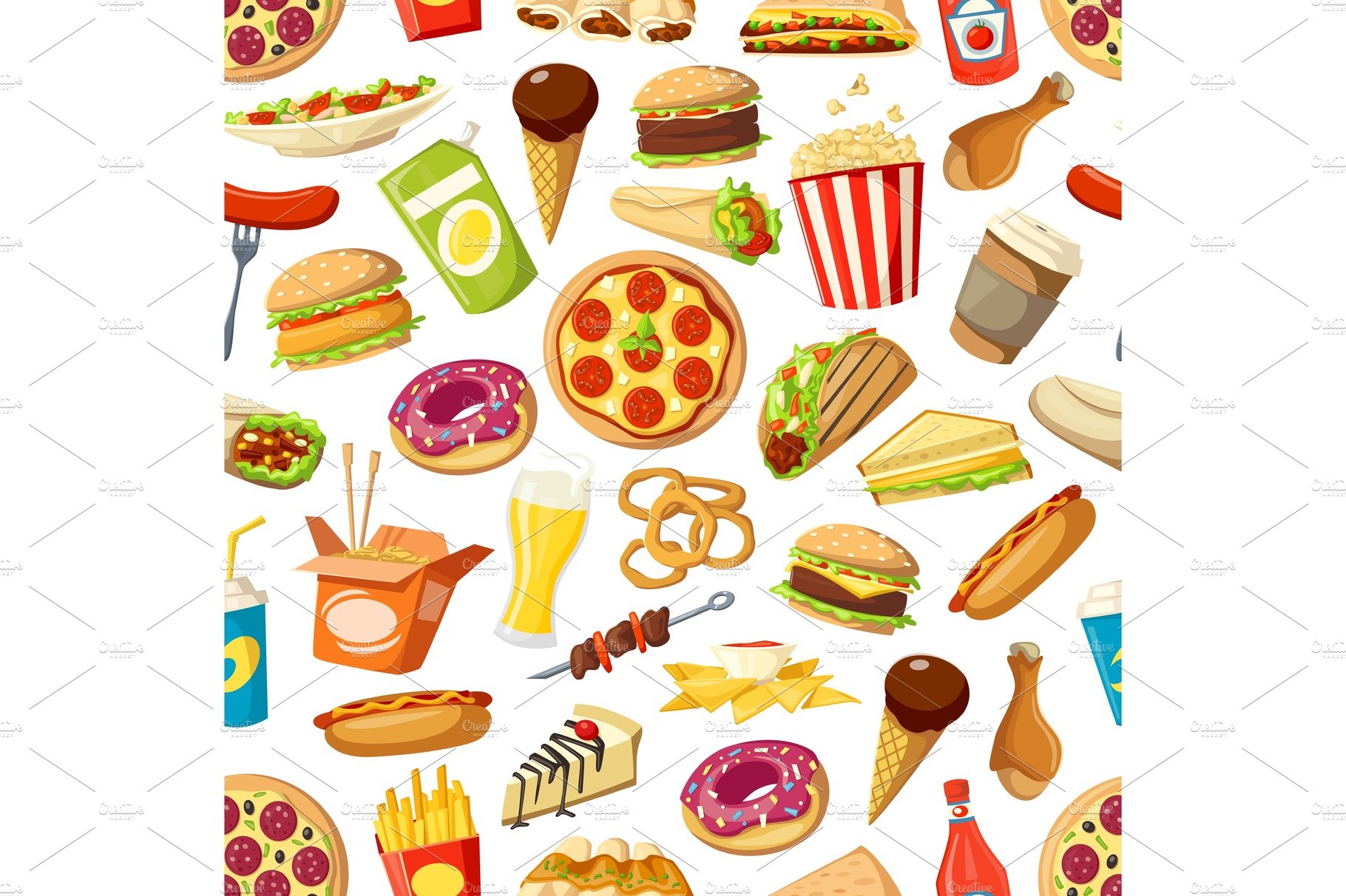 Seamless pattern of fast food meals cover image.