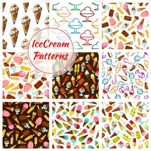 Ice cream desserts vector seamless patterns set cover image.