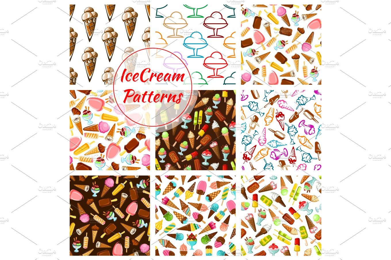 Ice cream desserts vector seamless patterns set cover image.