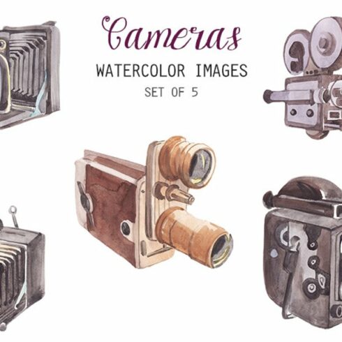 Watercolor Vintage Cameras Clipart cover image.