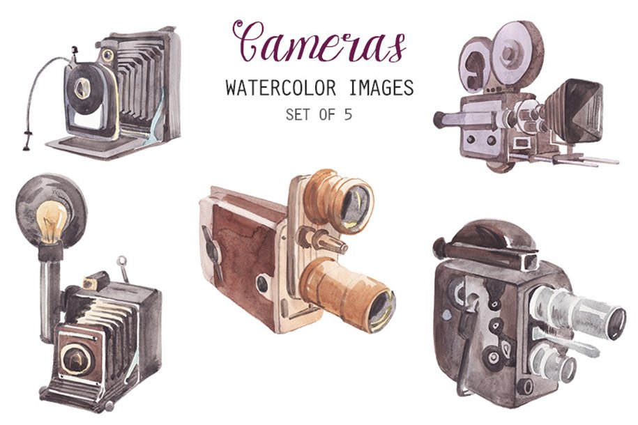 Watercolor Vintage Cameras Clipart cover image.