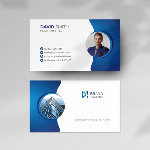 Blue color business card design template cover image.