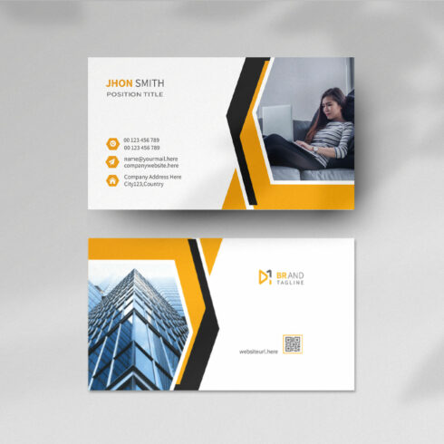 Business card template with yellow shapes cover image.