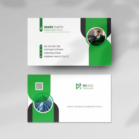 Green color modern business card design template cover image.