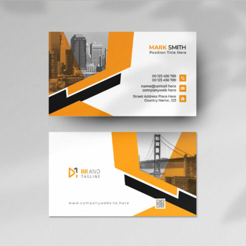 Orange and black shape visit card design template cover image.