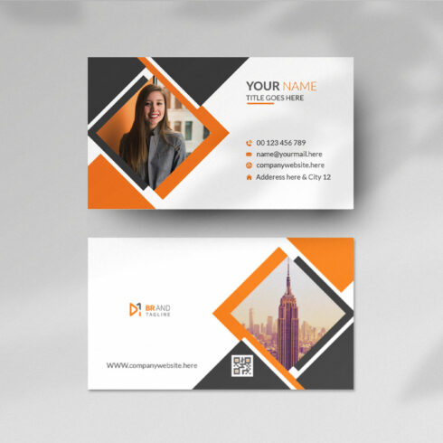 Modern and minimal black and orange business card template cover image.