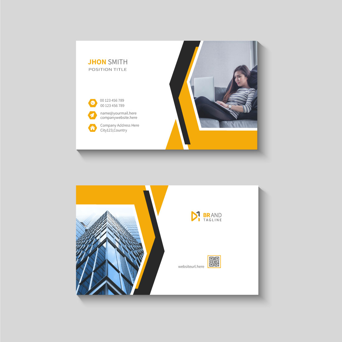 Business card template with yellow shapes preview image.