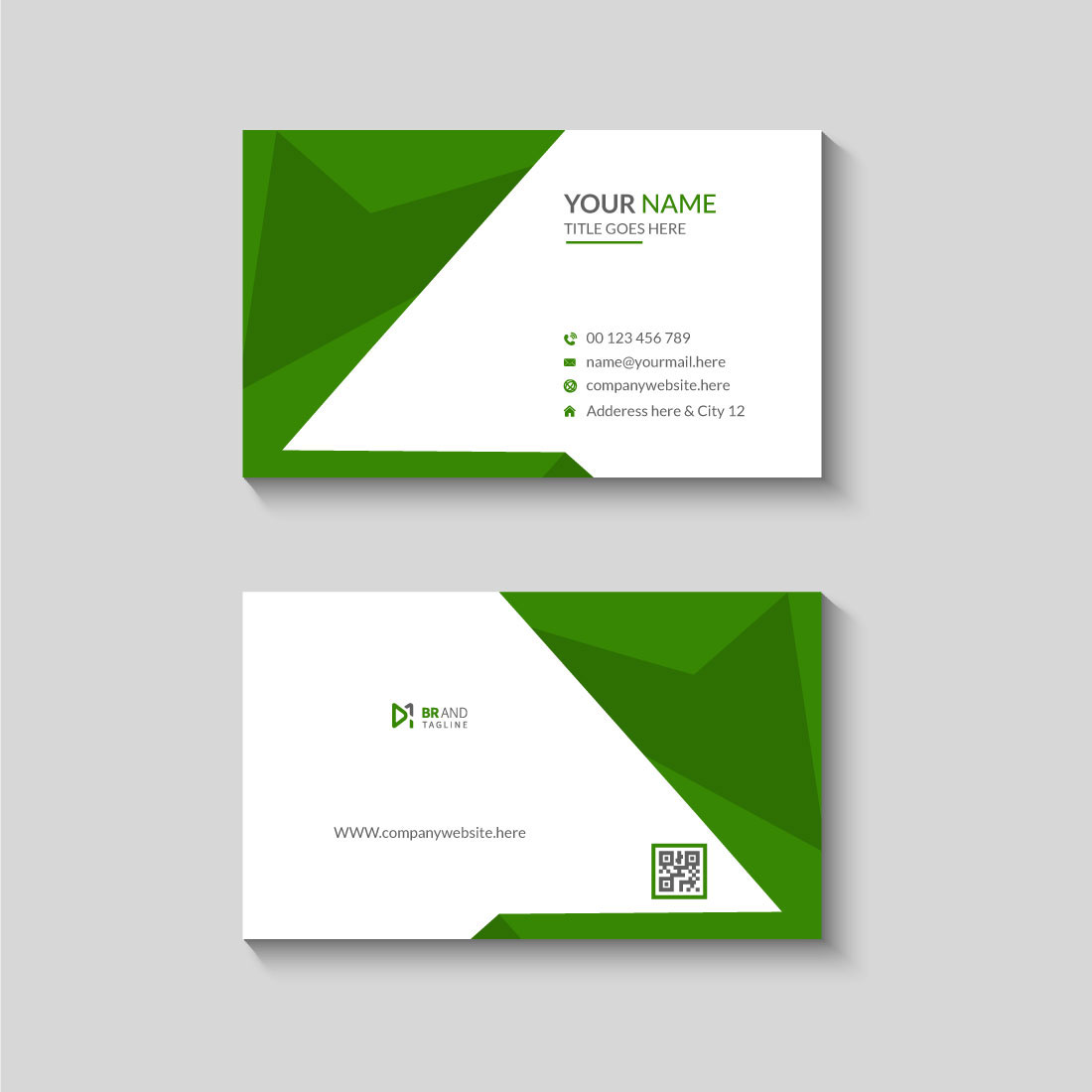 Green and white business card design template preview image.