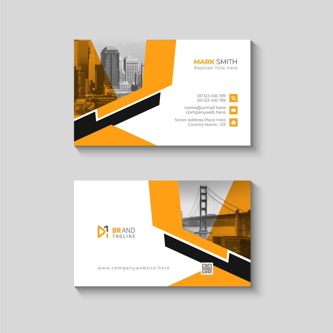 Orange and black shape visit card design template preview image.