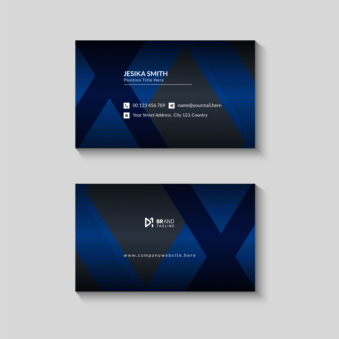 Abstract black business card template with blue shade preview image.