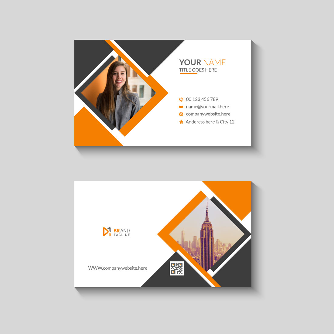 Modern and minimal black and orange business card template preview image.