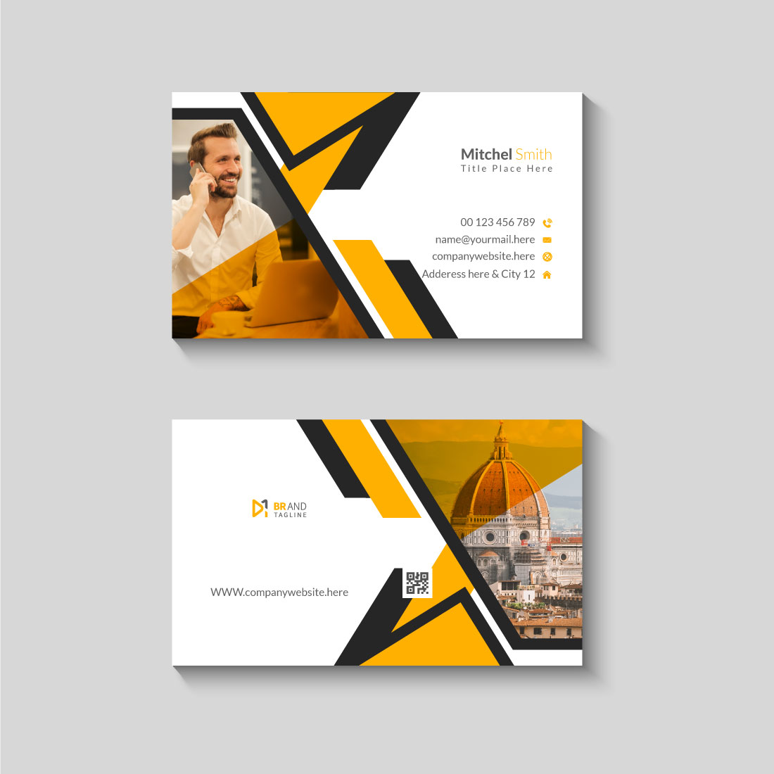 Minimal black and yellow business card template preview image.