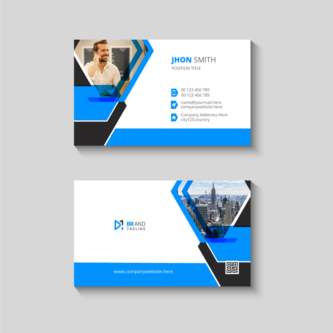 Blue and black elegant corporate card design template preview image.