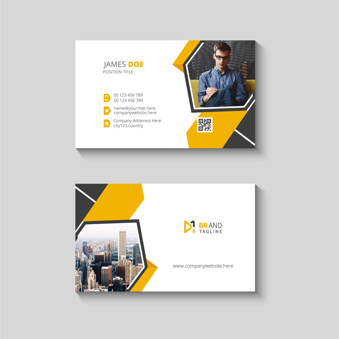 Modern business card design with yellow and black color preview image.