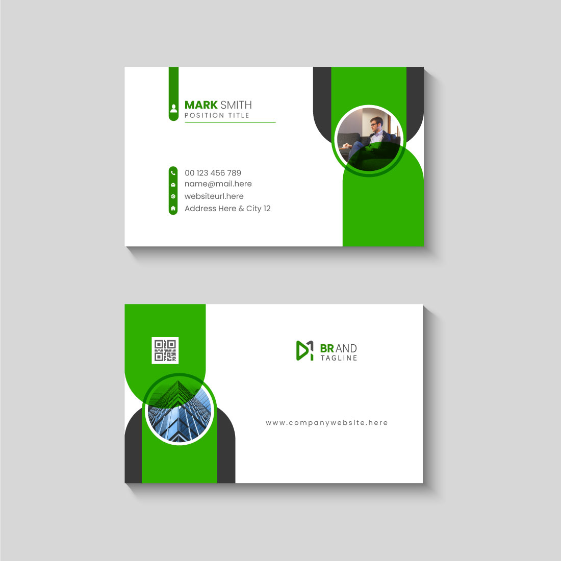 Green color modern business card design template preview image.