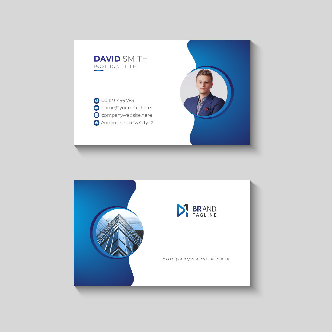 Blue color business card design template preview image.