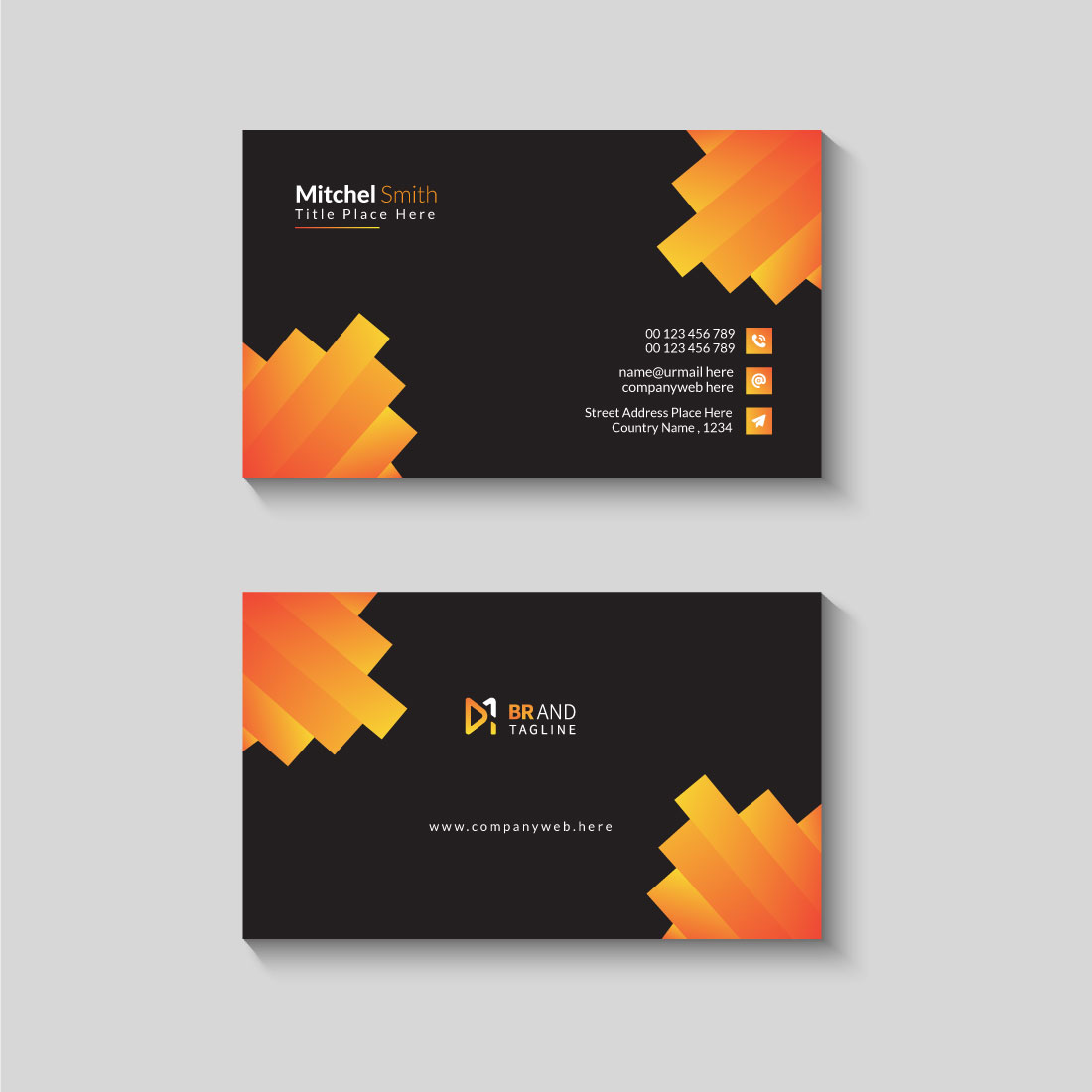 Minimal black and orange business card template preview image.