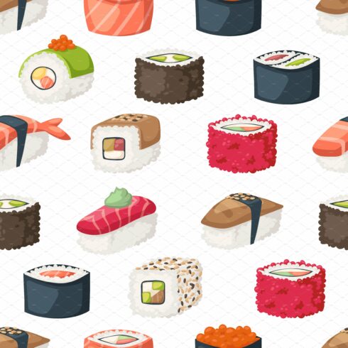 Sushi and rolls seamless pattern cover image.