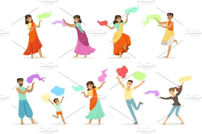 Smiling people dancing in national Indian costumes set for label design. In... cover image.
