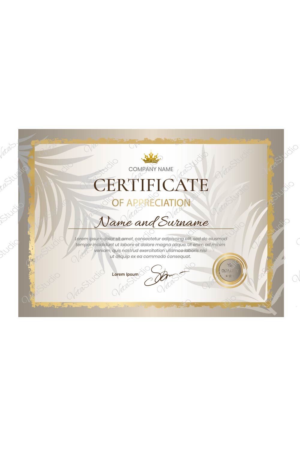 Beige Certificate With Palm Leaves _ Only 6$ pinterest preview image.