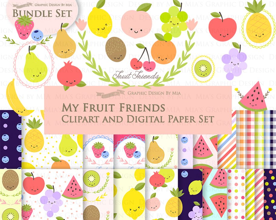 Cute Fruit Friends Clipart+Pattern cover image.