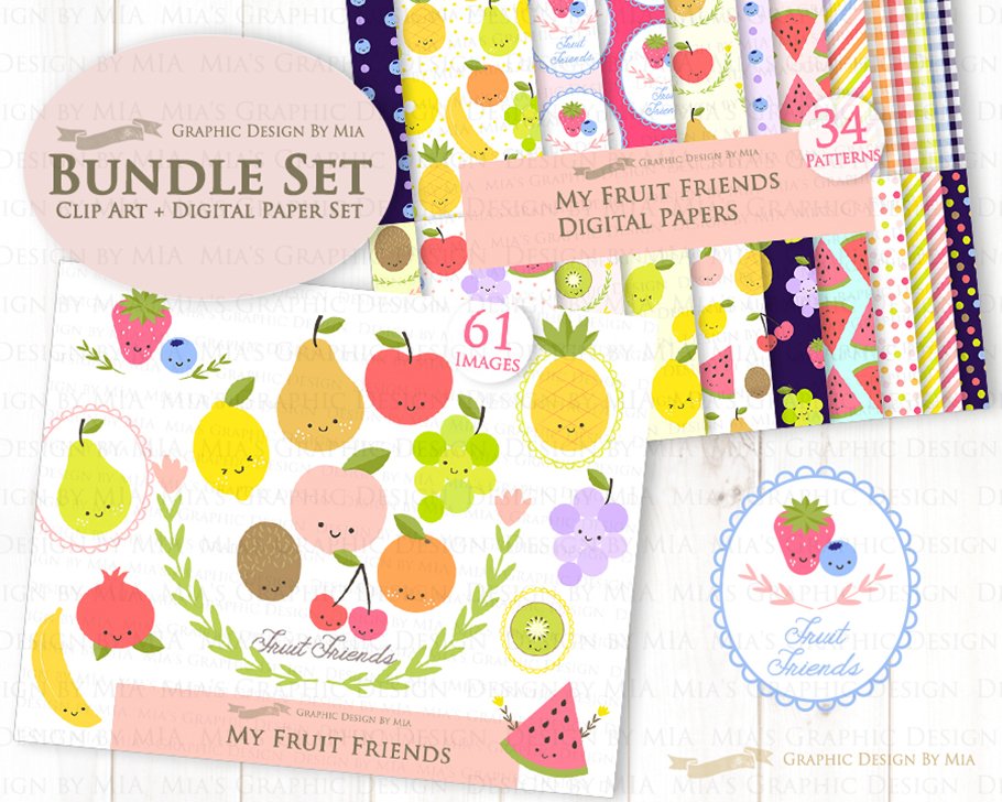 Cute Fruit Friends Clipart+Pattern preview image.