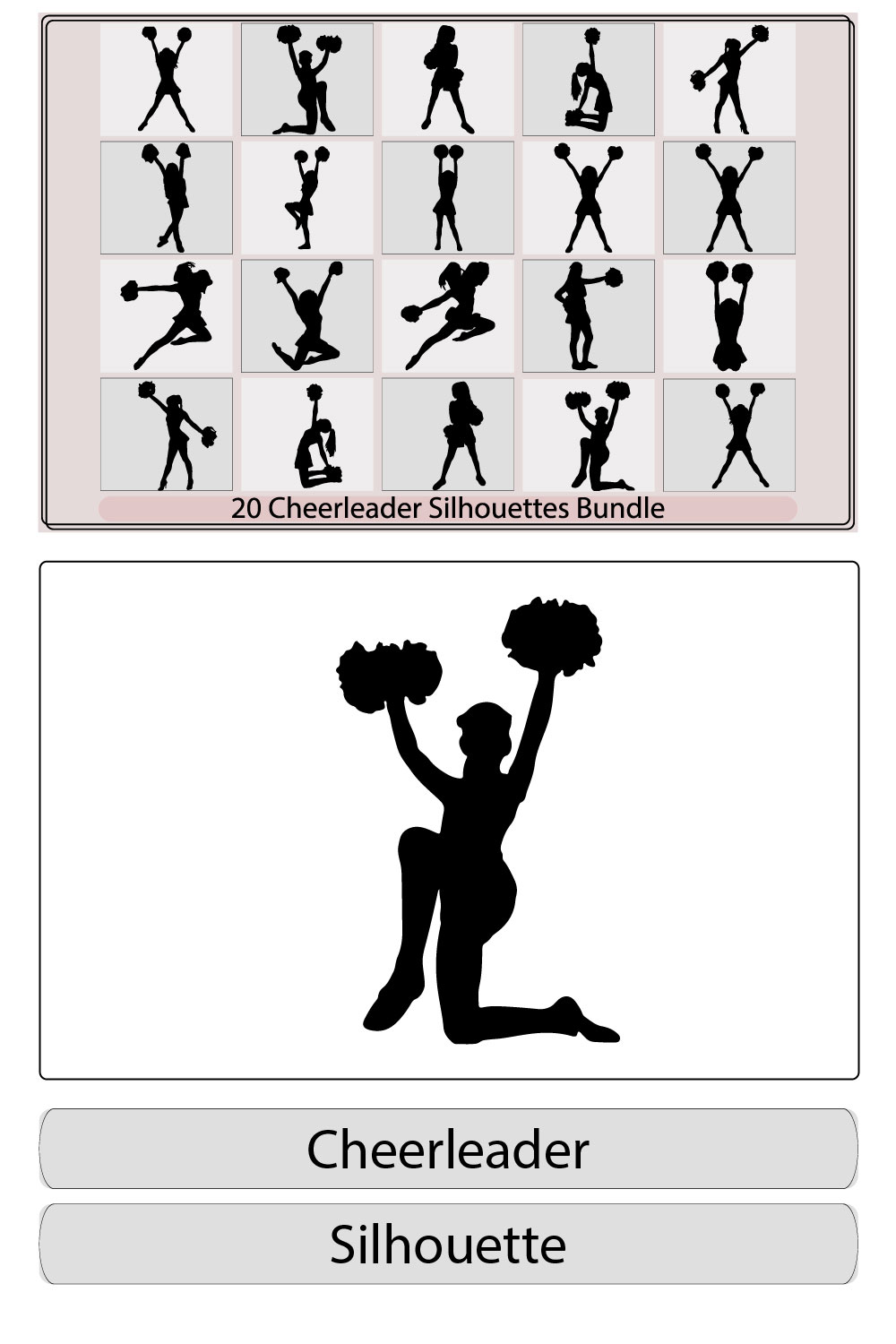 Detailed silhouette cheerleaders with pompoms,Sports cheerleader in silhouette with pompoms,Jumping girls cheerleaders silhouette, isolated Vector illustration pinterest preview image.