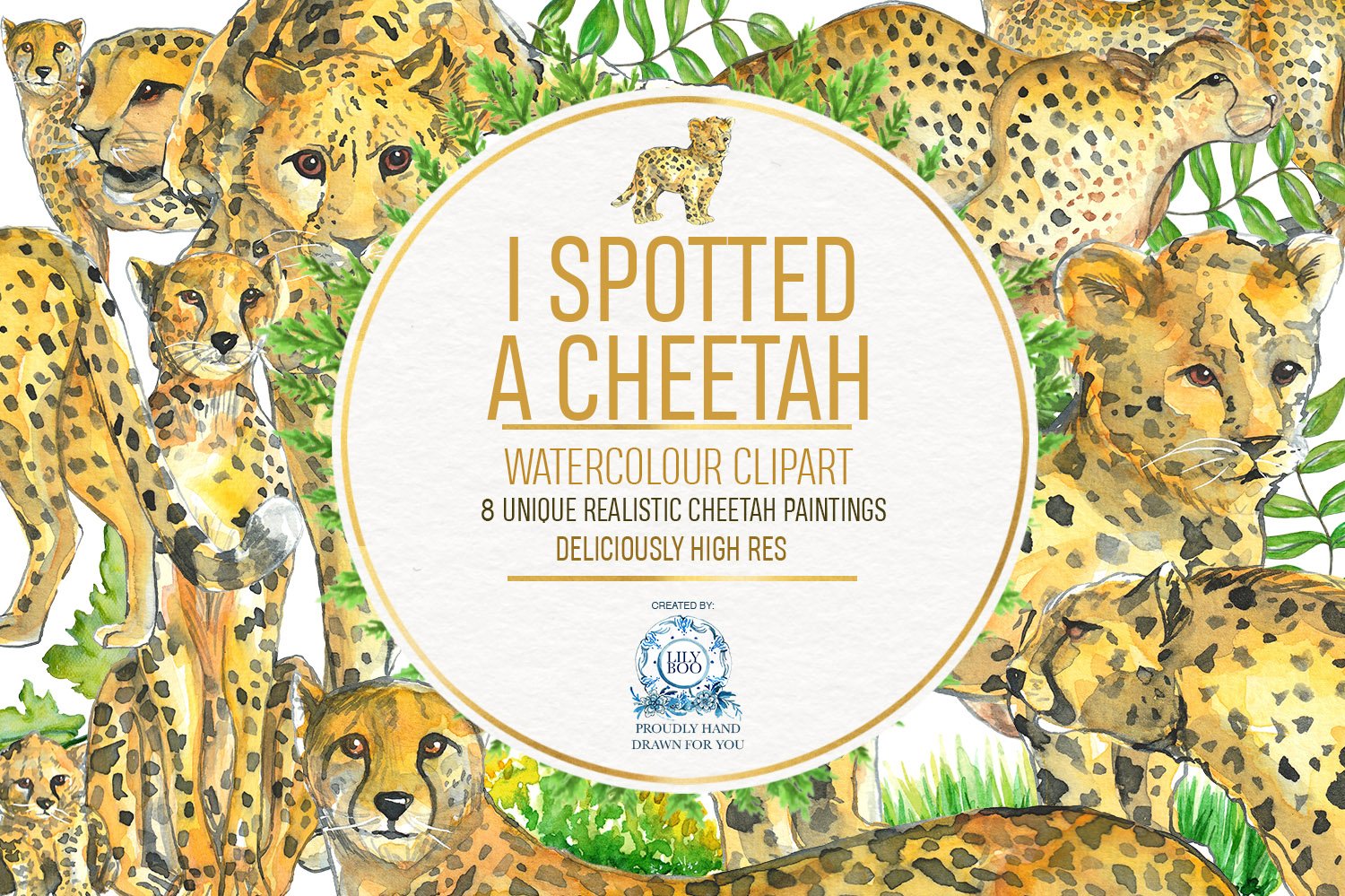 8 Cheetah Realistic Watercolor PNG cover image.