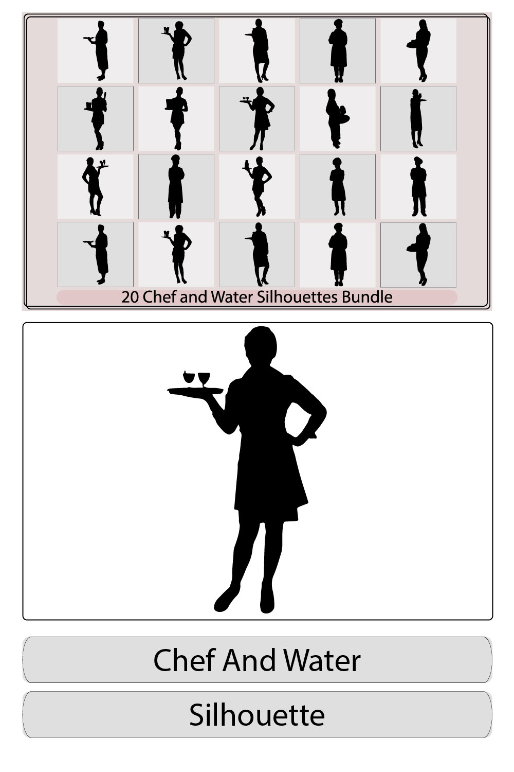 Chef in restaurant silhouette,Cook vector silhouette,Restaurant Professions Silhouettes, pinterest preview image.