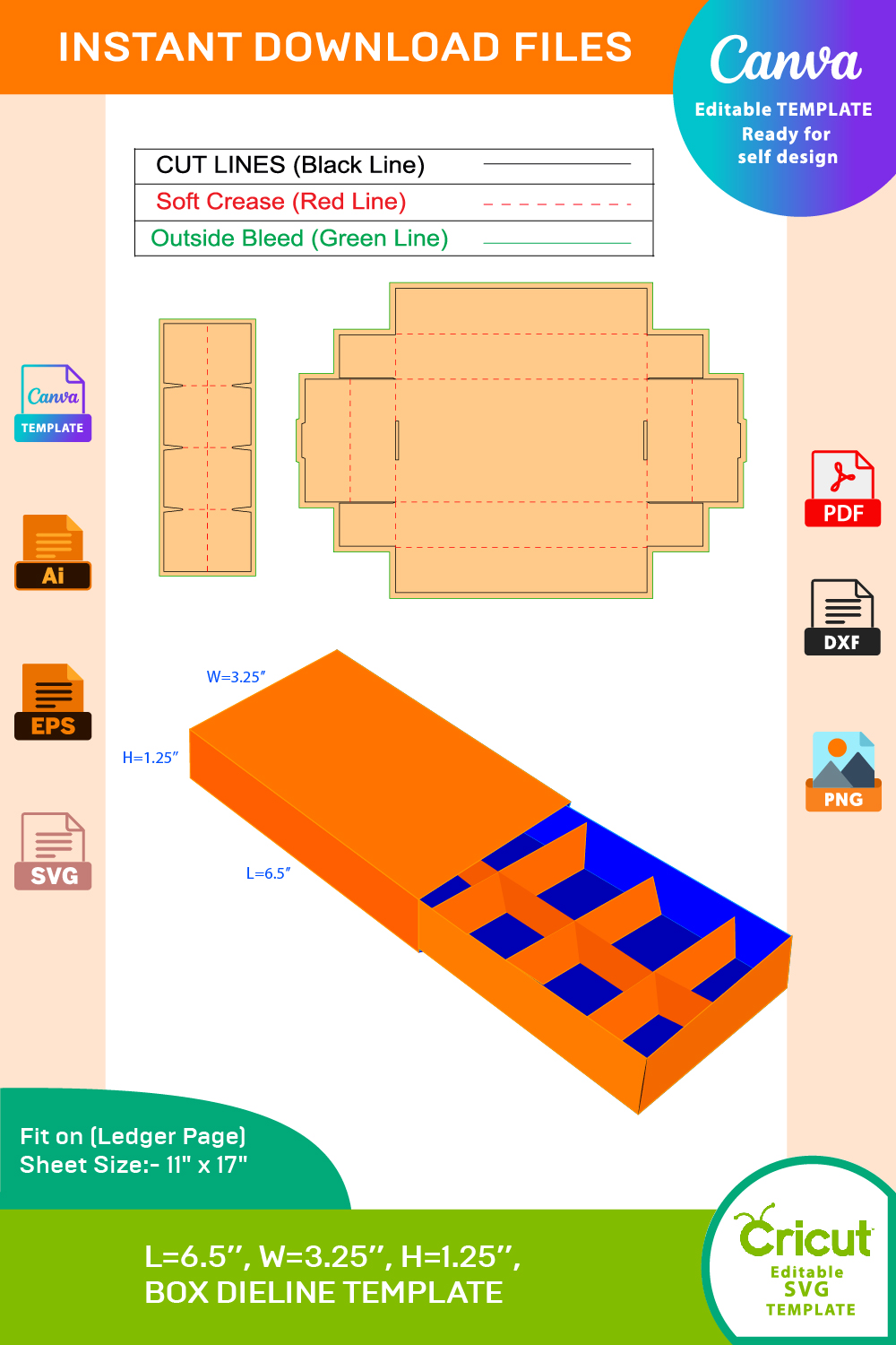 Chocklate Box Sleve Lid+Insert Dieline Template SVG, Ai, EPS, PDF, DXF, JPG, PNG File pinterest preview image.