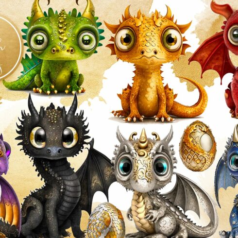 Cute Little Dragons Clipart Set cover image.