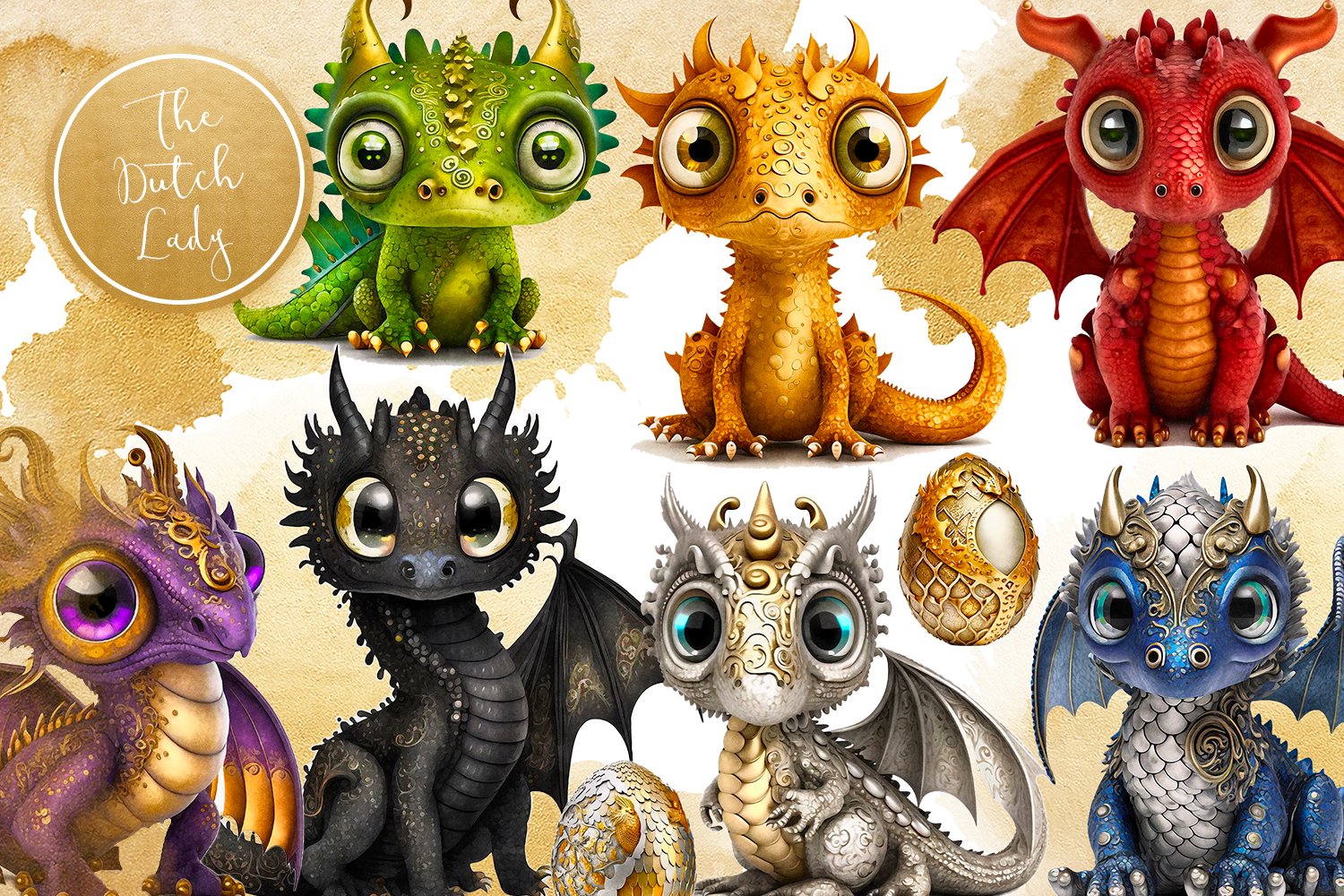 Cute Little Dragons Clipart Set cover image.