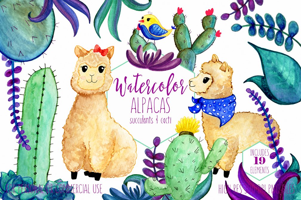 Watercolor Llamas & Cactus Clipart cover image.