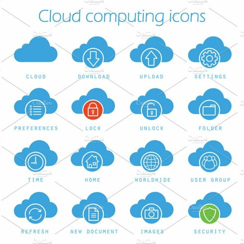 Cloud computing. 16 icons. Vector cover image.