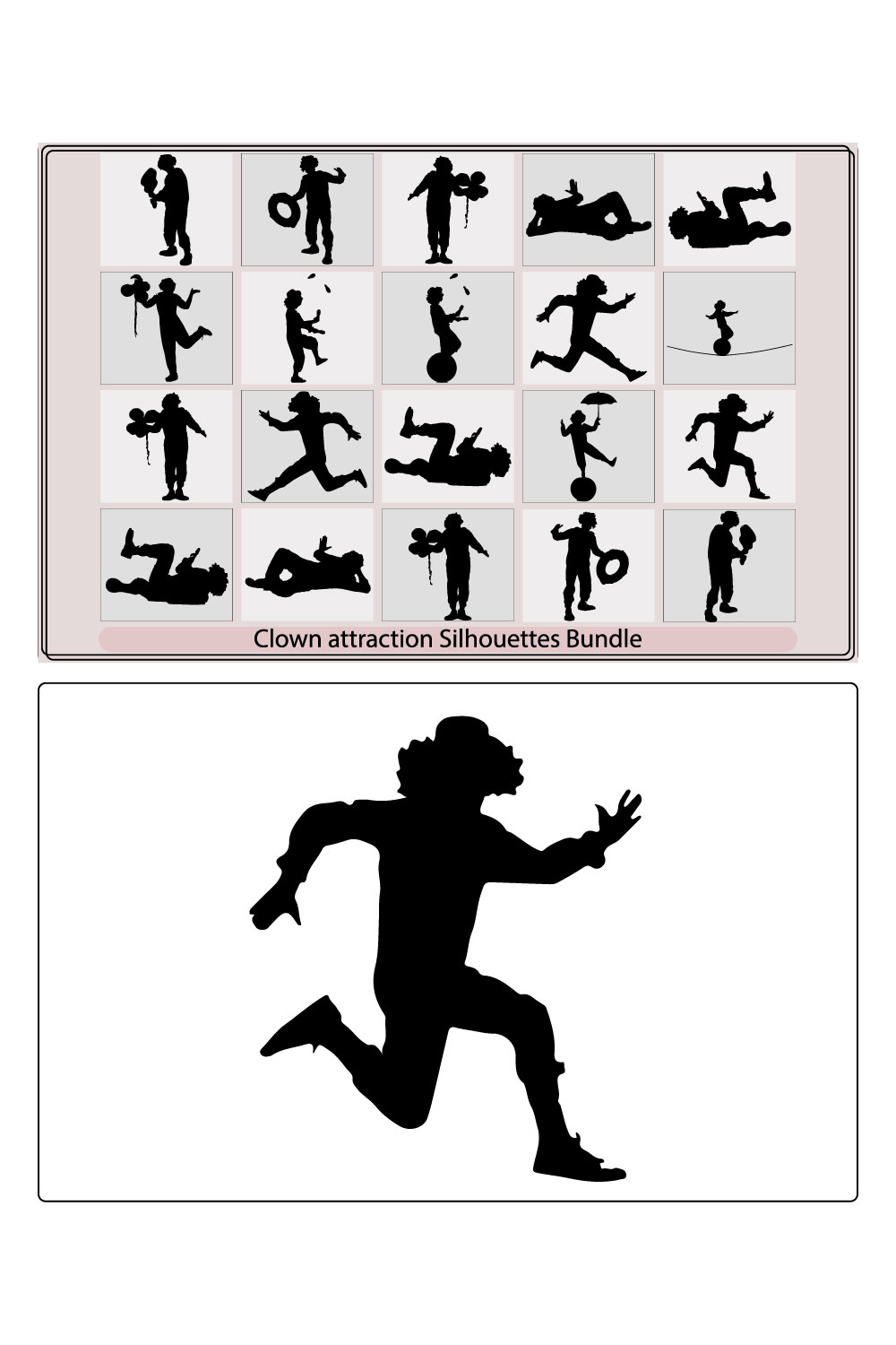 Clown in circus on stilts with balloons vector silhouette,Juggler artist vector silhouette, Juggling with pins Clown in circus jugging performs skill pinterest preview image.