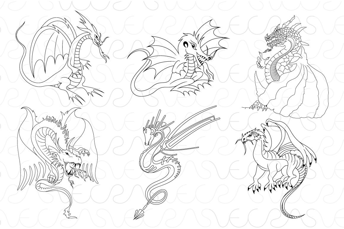 Fictional Dragons Linear Vector Set cover image.