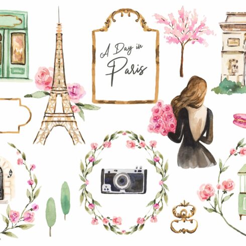 Paris Landmarks Watercolor Clipart cover image.